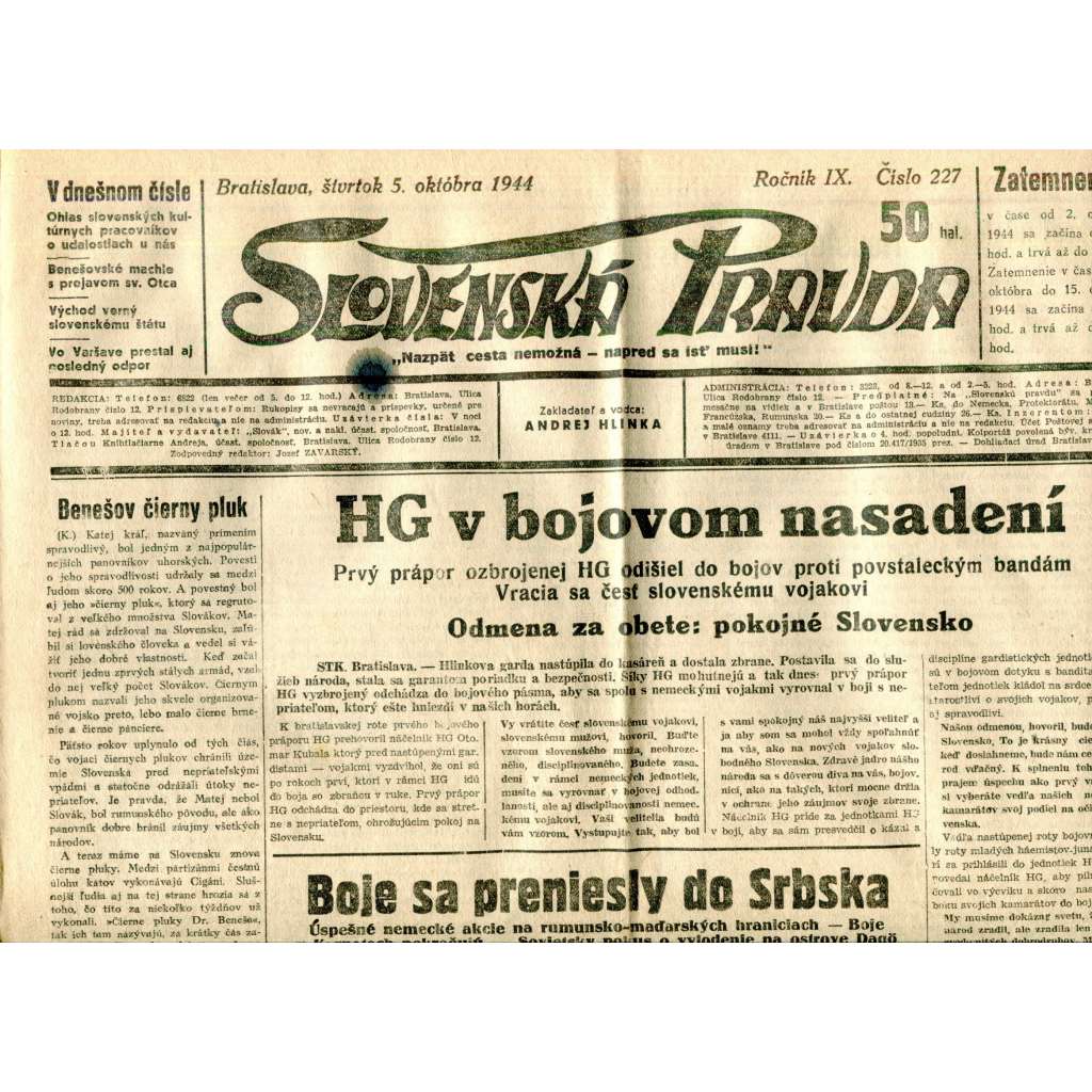 Slovenská pravda 5.10.1944 (noviny, text slovensky, zakladatel Andrej Hlinka, Slovenský stát)