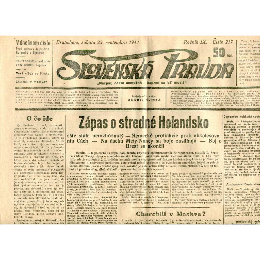 Slovenská pravda 23.9.1944 (noviny, text slovensky, zakladatel Andrej Hlinka, Slovenský stát)