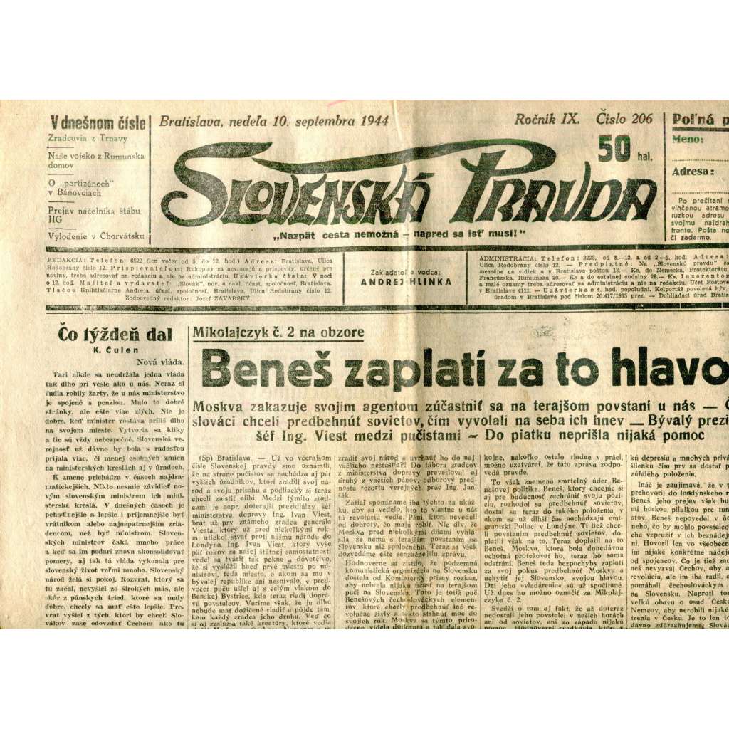 Slovenská pravda 10.9.1944 (noviny, text slovensky, zakladatel Andrej Hlinka, Slovenský stát)