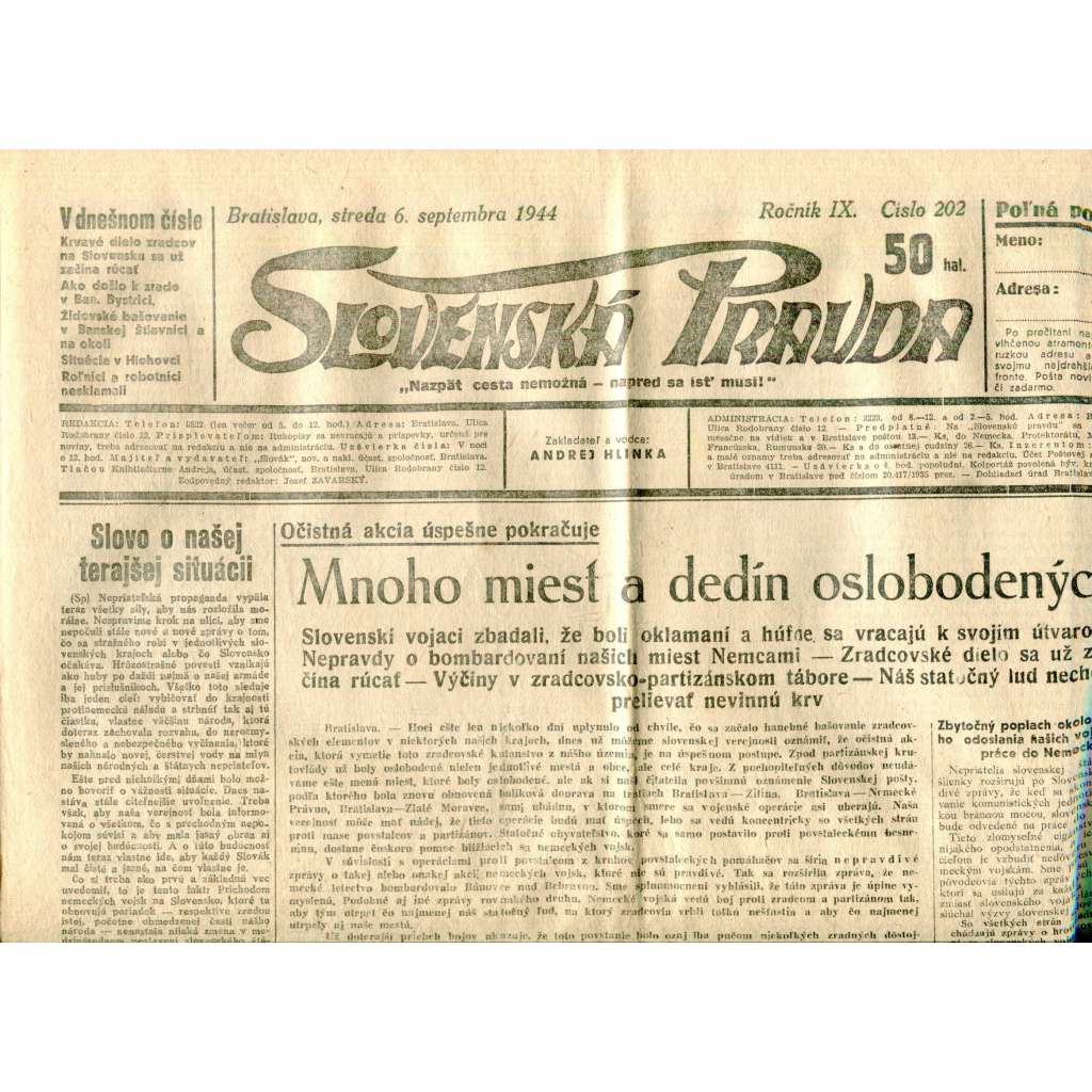 Slovenská pravda 6.9.1944 (noviny, text slovensky, zakladatel Andrej Hlinka, Slovenský stát)