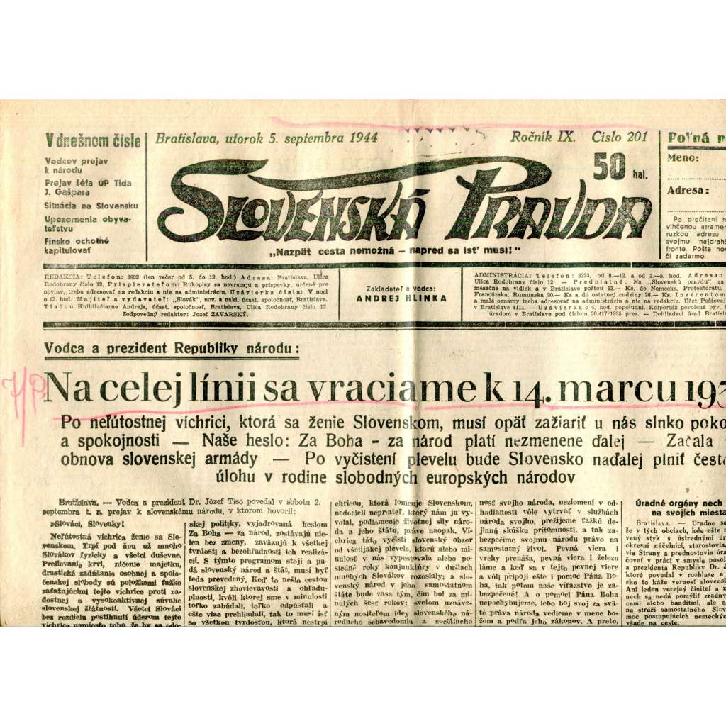 Slovenská pravda 9.9.1944 (noviny, text slovensky, zakladatel Andrej Hlinka, Slovenský stát)