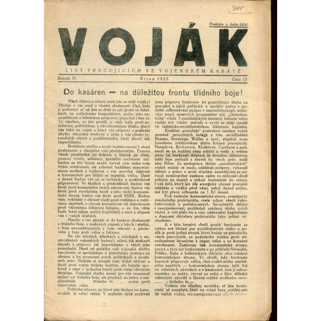 Voják. List pracujících ve vojenském kabátě (ročník IV., číslo 12/1933) - staré noviny, 1. republika