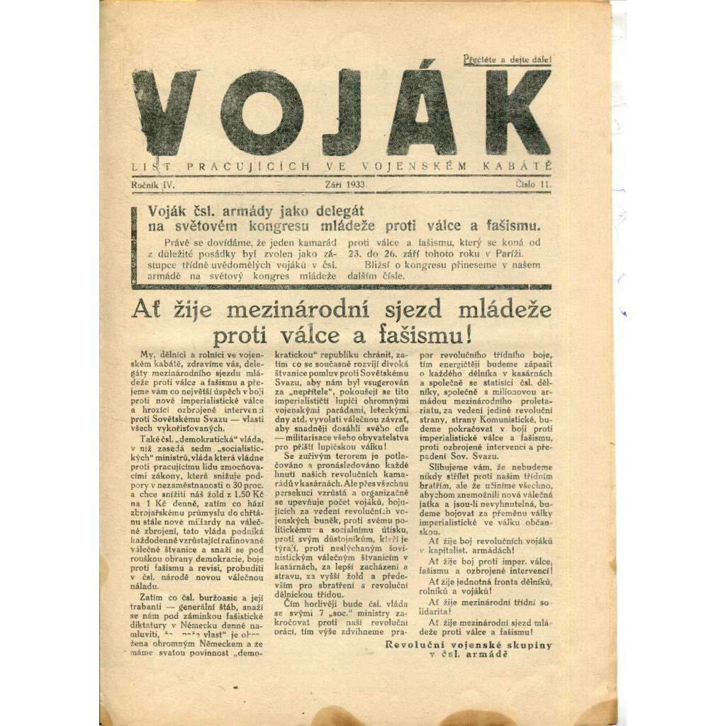 Voják. List pracujících ve vojenském kabátě (ročník IV., číslo 11/1933) - staré noviny, 1. republika