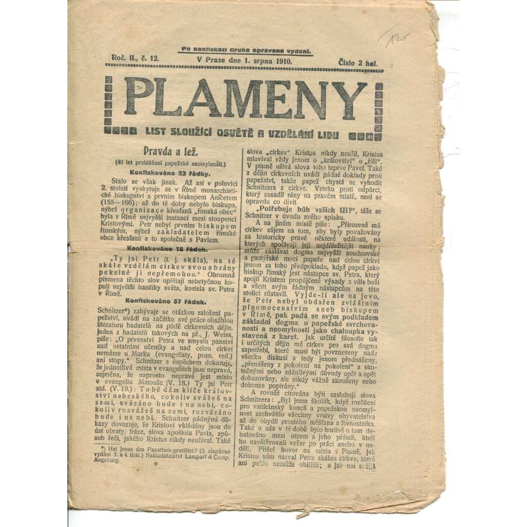 Plameny, ročník II., číslo 12/1910 (List sloužící osvětě a vzdělání lidu) - 1.8.1910 (časopis, noviny)