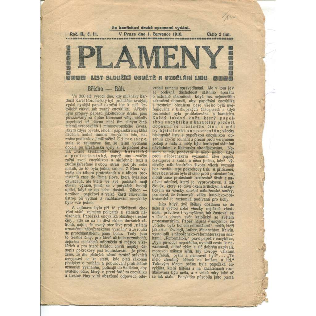 Plameny, ročník II., číslo 11/1910 (List sloužící osvětě a vzdělání lidu) - 1.7.1910 (časopis, noviny)