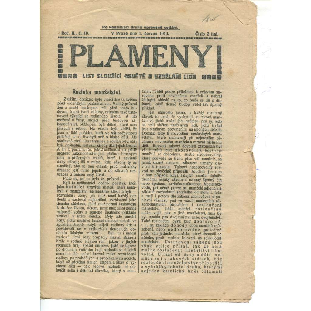 Plameny, ročník II., číslo 10/1910 (List sloužící osvětě a vzdělání lidu) - 1.6.1910 (časopis, noviny)