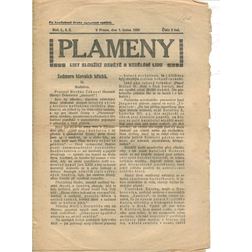 Plameny, ročník I., číslo 5/1909 (List sloužící osvětě a vzdělání lidu) - 1.1.1909 (časopis, noviny)