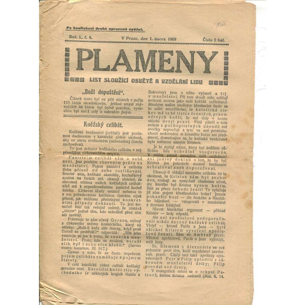 Plameny, ročník I., číslo 6/1909 (List sloužící osvětě a vzdělání lidu) - 1.2.1909 (časopis, noviny)