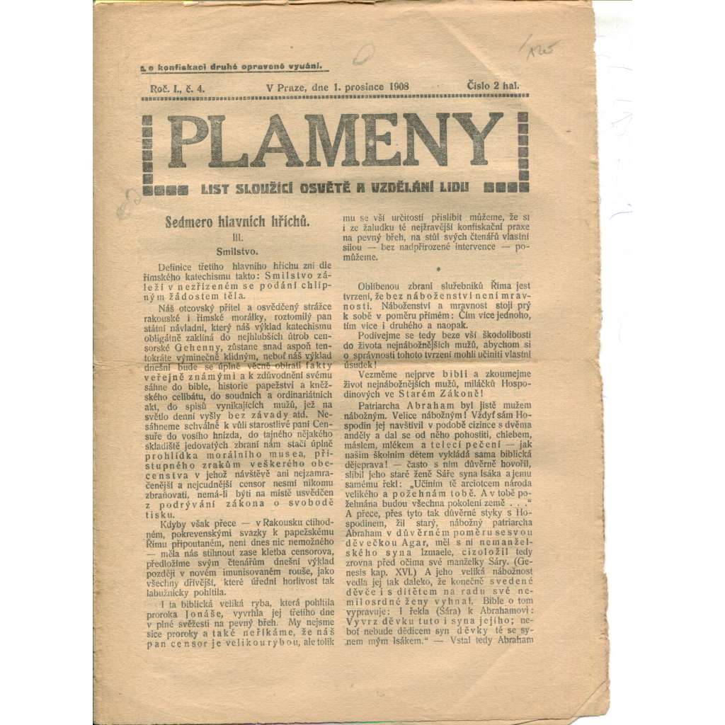 Plameny, ročník I., číslo 4/1908 (List sloužící osvětě a vzdělání lidu) - 1.12.1908 (časopis, noviny)