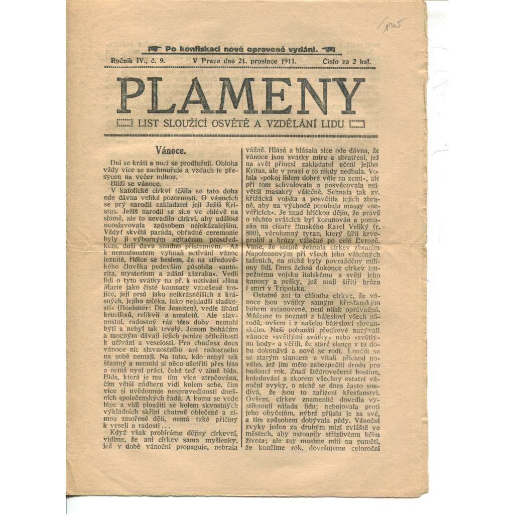 Plameny, ročník IV., číslo 9/1911 (List sloužící osvětě a vzdělání lidu) - 21.12.1911 (časopis, noviny)