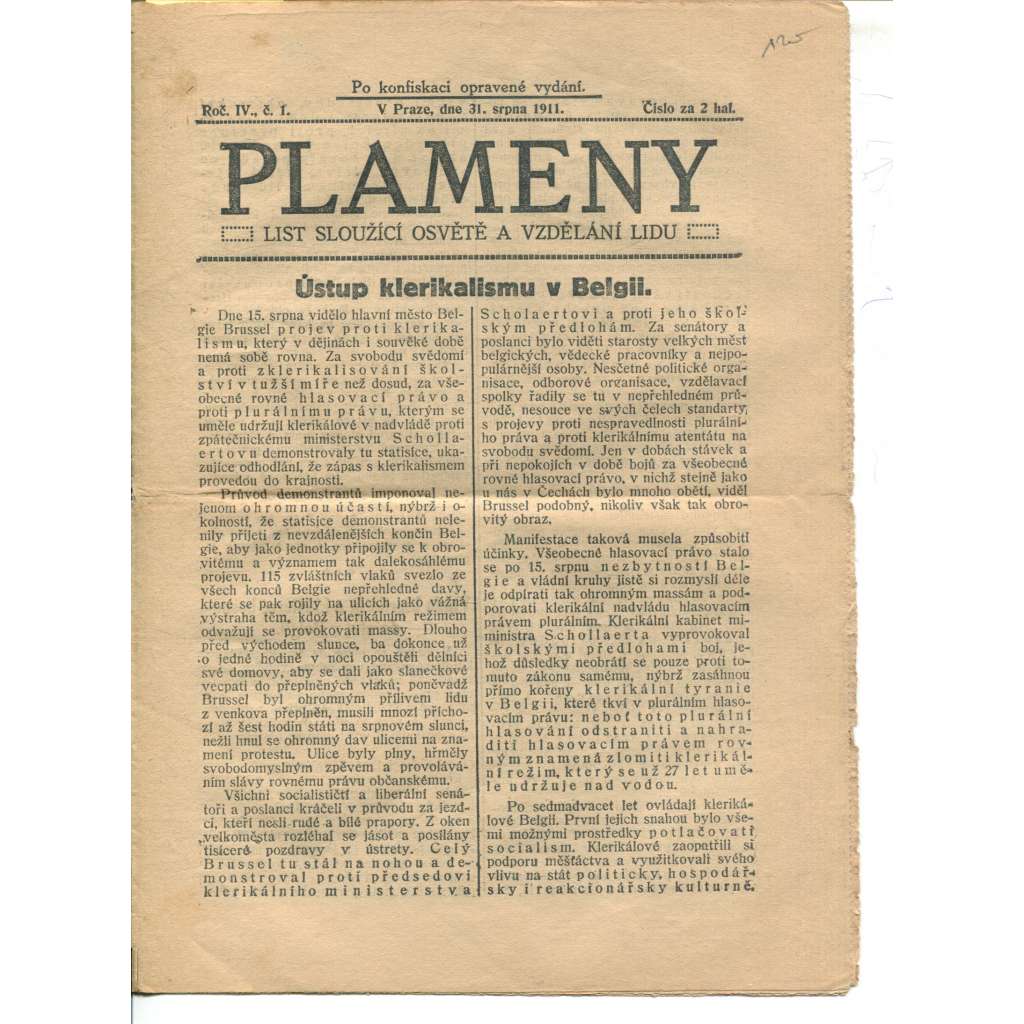 Plameny, ročník IV., číslo 1/1911 (List sloužící osvětě a vzdělání lidu) - 31.8.1911 (časopis, noviny)