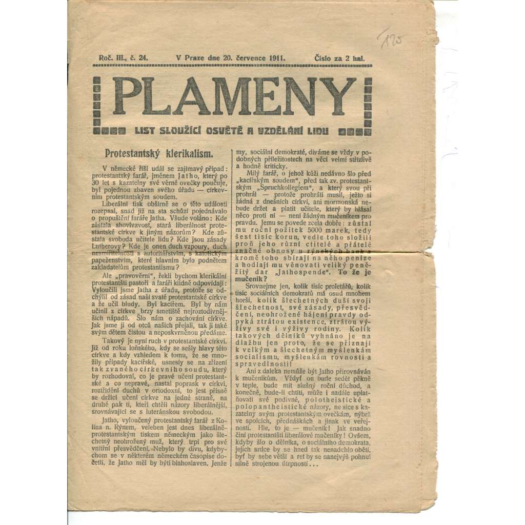 Plameny, ročník III., číslo 24/1911 (List sloužící osvětě a vzdělání lidu) - 20.7.1911 (časopis, noviny)