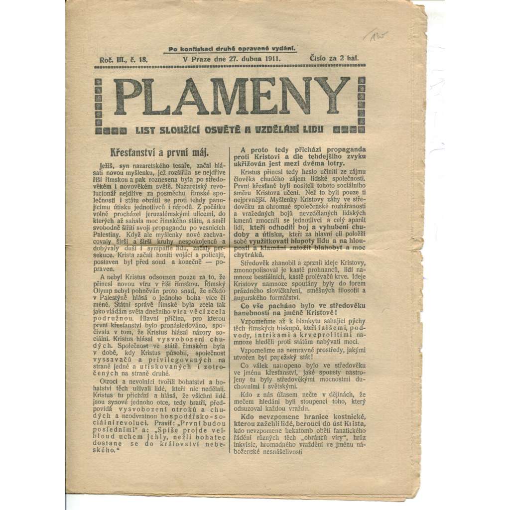 Plameny, ročník III., číslo 18/1911 (List sloužící osvětě a vzdělání lidu) - 27.4.1911 (časopis, noviny)