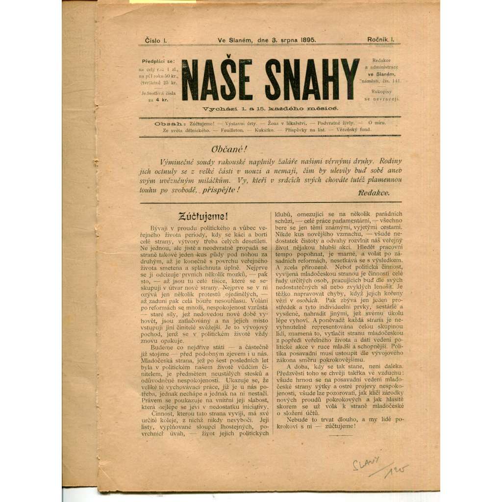 Naše snahy, ročník I., číslo 1. (3.8.1895) / Naše snaha, ročník I., číslo 1. (19.7.1895) - noviny, časopis, Slaný