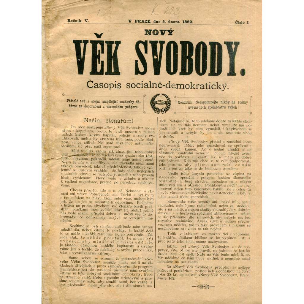 Věk svobody, ročník V., čísla 1-8/1892. Časopis sociálně-demokratický (staré noviny)