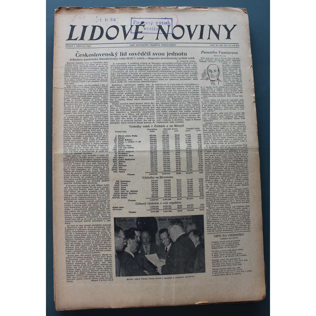 Lidové noviny 1948, roč. 56 (deník, komunismus, mj. Západ a naše volby, Stálá nejistota v Palestině, Únoroví utečenci [Zenkl, Drtina], Dr. Beneš se vzdal úřadu presidenta, K. Gottwald president)