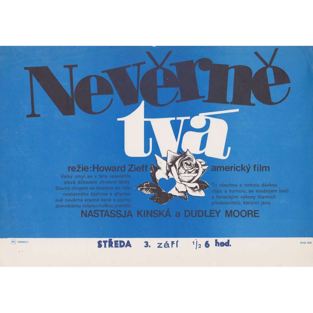Nevěrně tvá (filmový plakát, slepka, film USA 1985, režie Vít Olmer, Hrají: Nastassja Kinská, Dudley Moore)