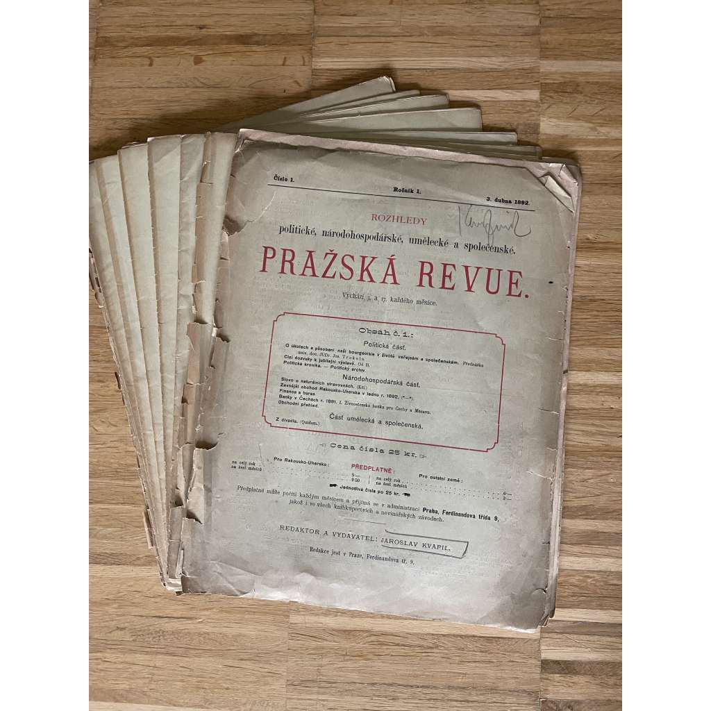 Pražská revue, ročník I., čísla 1-11/1892. Rozhledy politické, národohospodářské, umělecké a společenské (noviny, časopisy)