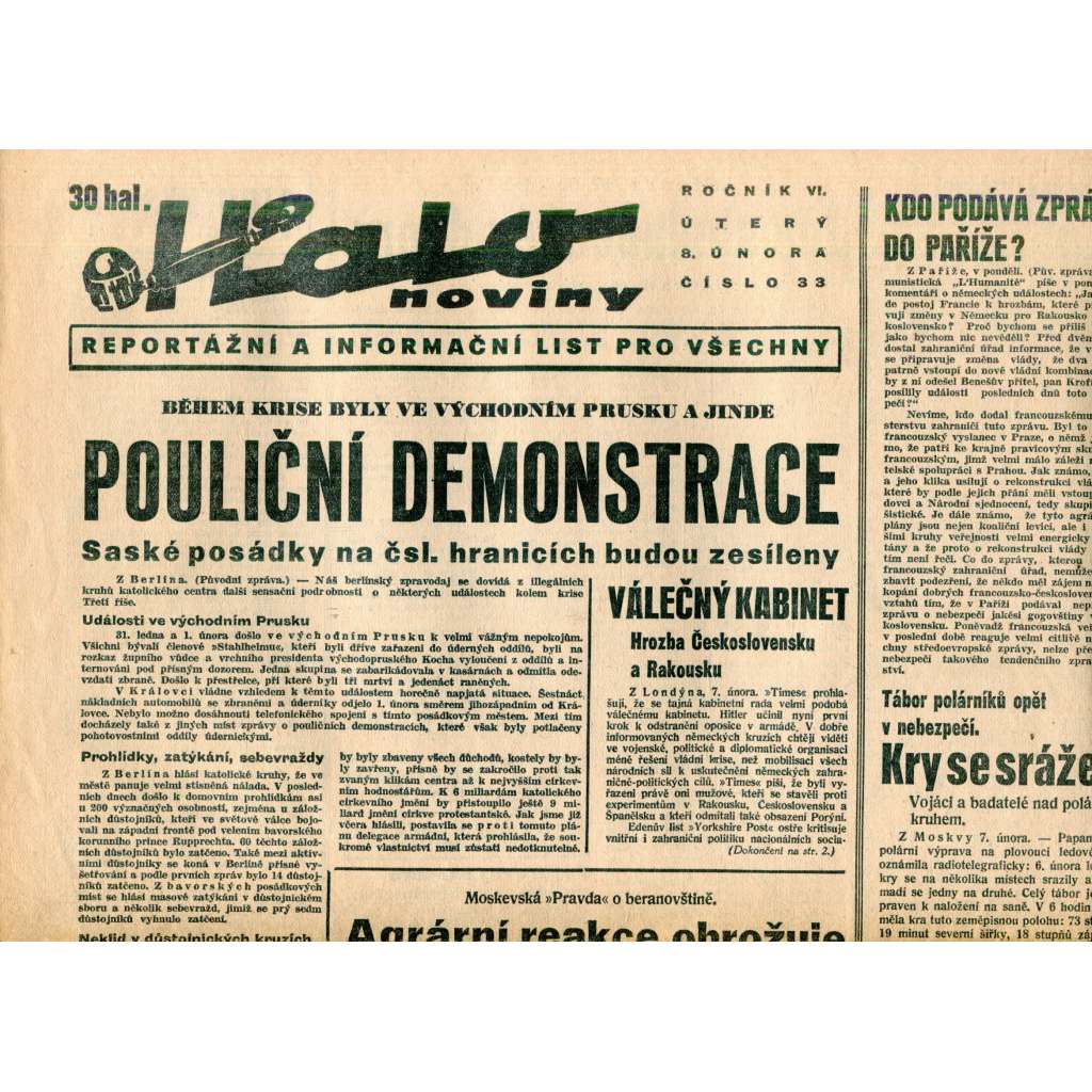 Halo noviny, ročník VI., číslo 33/1938. Reportážní a informační list pro všechny