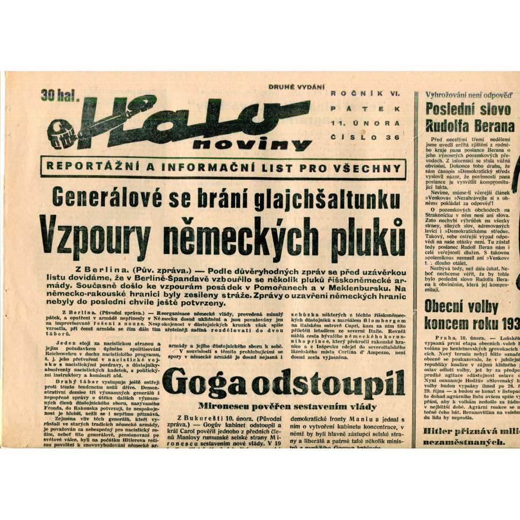 Halo noviny, ročník VI., číslo 36/1938. Reportážní a informační list pro všechny
