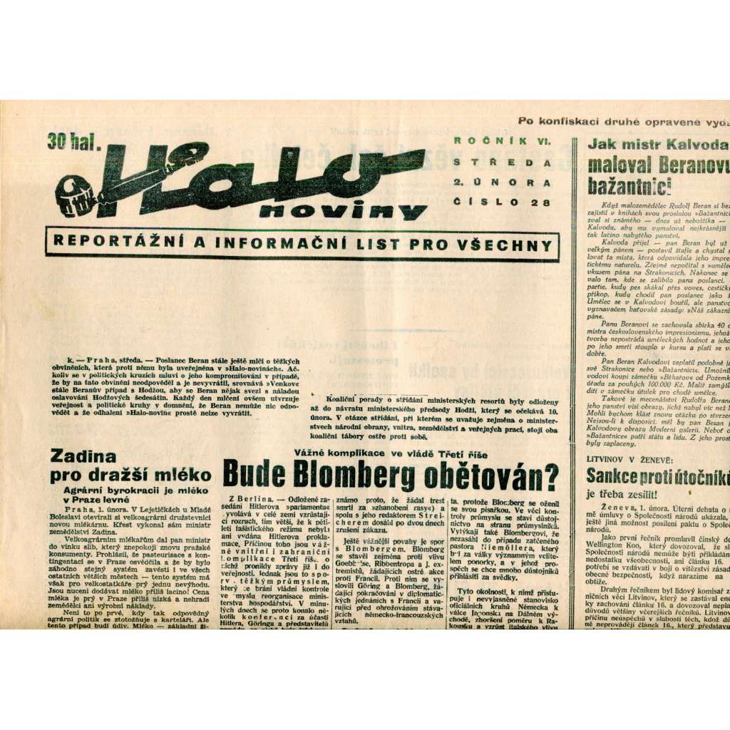 Halo noviny, ročník VI., číslo 28/1938. Reportážní a informační list pro všechny Halo noviny, ročník VI., číslo 28/1938. Reportážní a informační list pro všechny