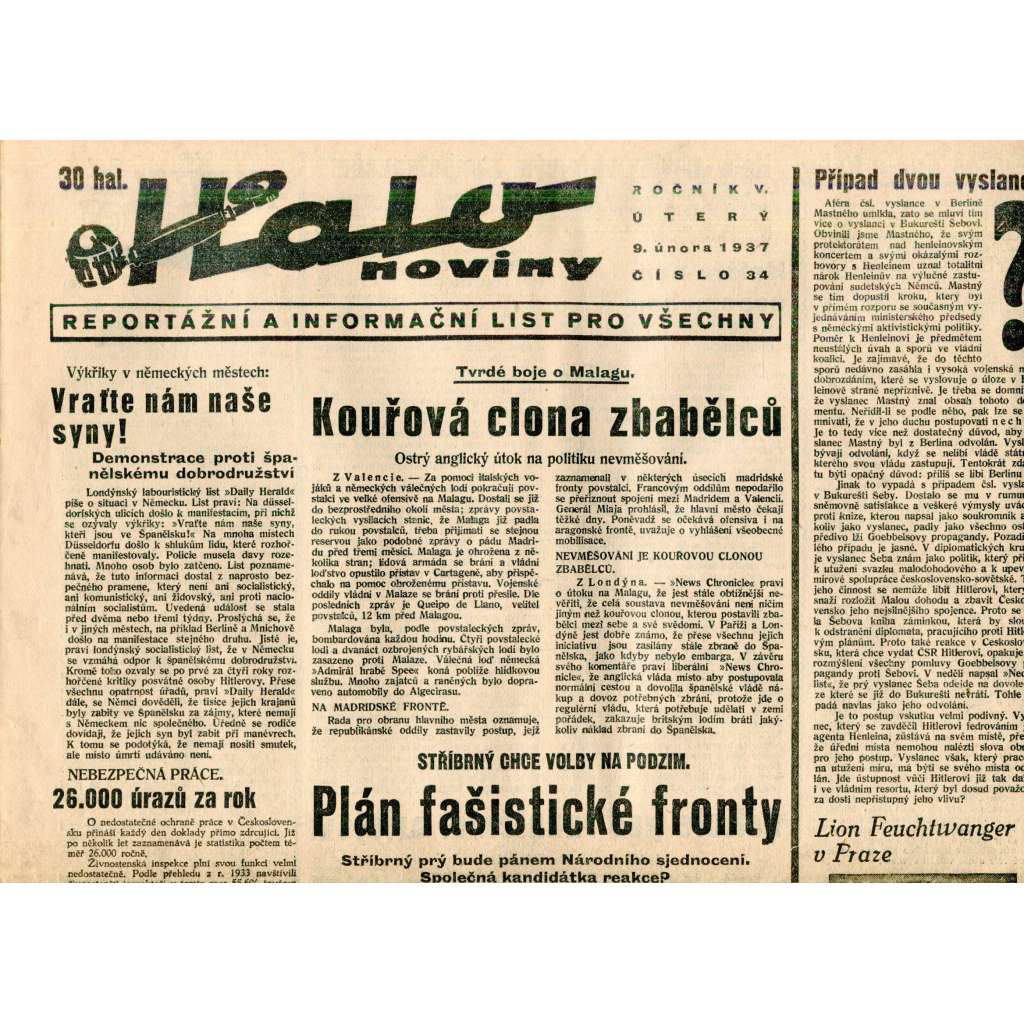 Halo noviny, ročník V., číslo 34/1937. Reportážní a informační list pro všechny Halo noviny, ročník V., číslo 34/1937. Reportážní a informační list pro všechny