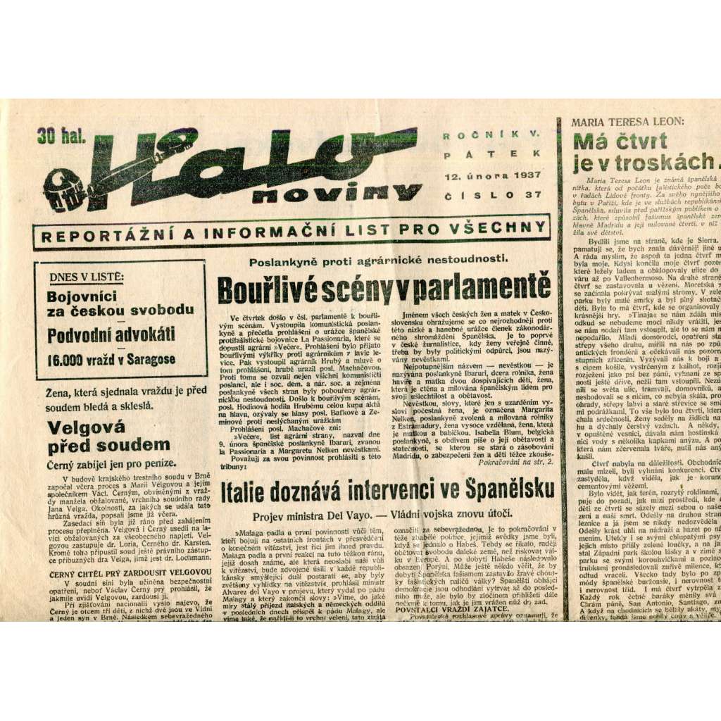 Halo noviny, ročník V., číslo 37/1937. Reportážní a informační list pro všechny Halo noviny, ročník V., číslo 37/1937. Reportážní a informační list pro všechny