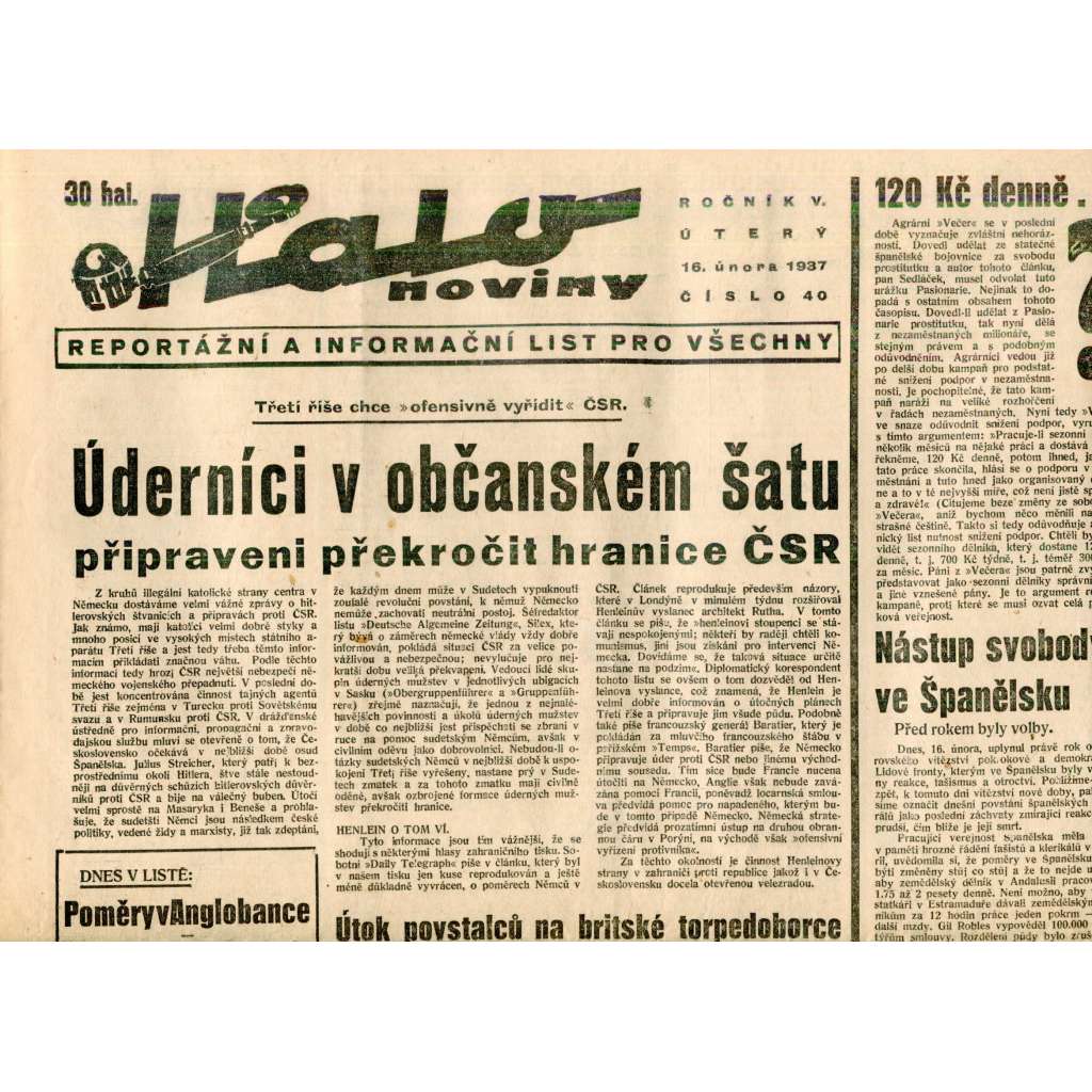 Halo noviny, ročník V., číslo 40/1937. Reportážní a informační list pro všechny Halo noviny, ročník V., číslo 40/1937. Reportážní a informační list pro všechny