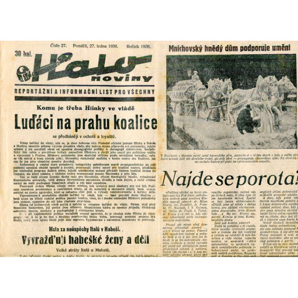 Halo noviny, číslo 27/1936. Reportážní a informační list pro všechny Halo noviny, číslo 27/1936. Reportážní a informační list pro všechny