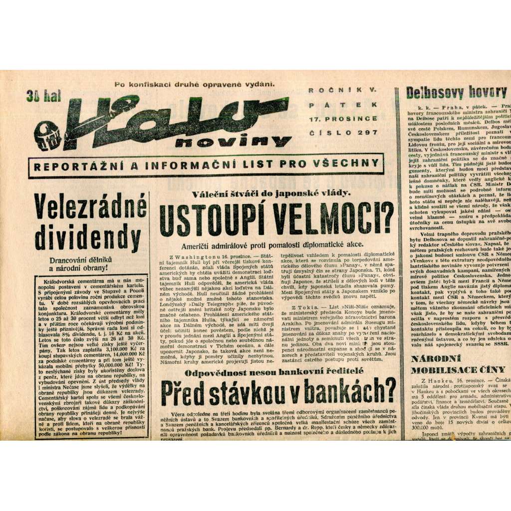 Halo noviny, ročník V., číslo 297/1937. Reportážní a informační list pro všechny Halo noviny, ročník V., číslo 297/1937. Reportážní a informační list pro všechny