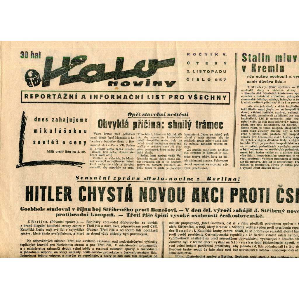Halo noviny, ročník V., číslo 257/1937. Reportážní a informační list pro všechny Halo noviny, ročník V., číslo 257/1937. Reportážní a informační list pro všechny