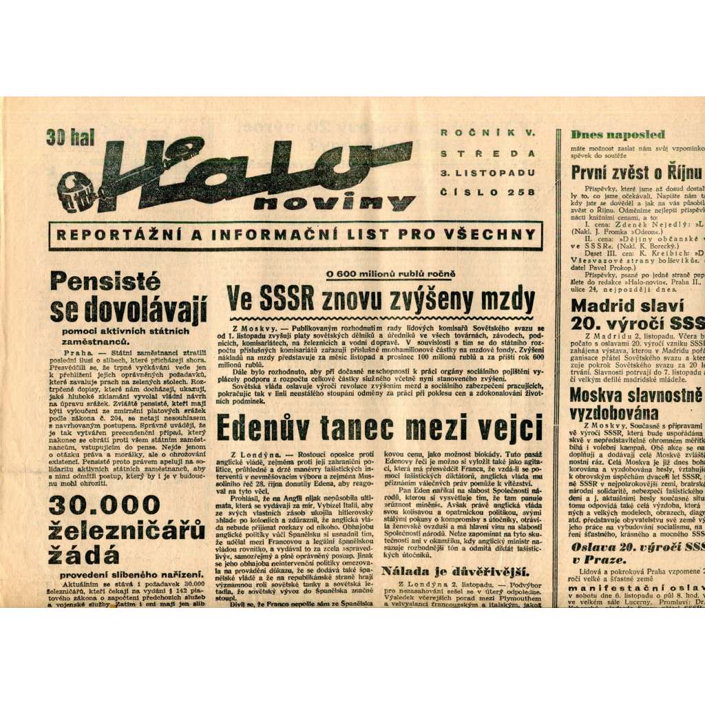 Halo noviny, ročník V., číslo 258/1937. Reportážní a informační list pro všechny Halo noviny, ročník V., číslo 258/1937. Reportážní a informační list pro všechny