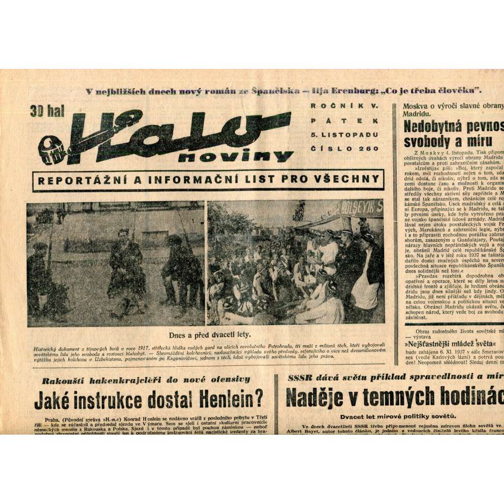 Halo noviny, ročník V., číslo 260/1937. Reportážní a informační list pro všechny Halo noviny, ročník V., číslo 260/1937. Reportážní a informační list pro všechny