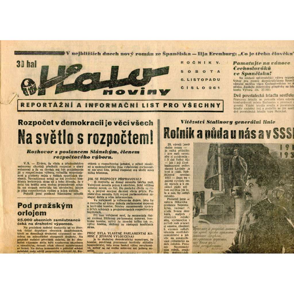 Halo noviny, ročník V., číslo 261/1937. Reportážní a informační list pro všechny Halo noviny, ročník V., číslo 261/1937. Reportážní a informační list pro všechny