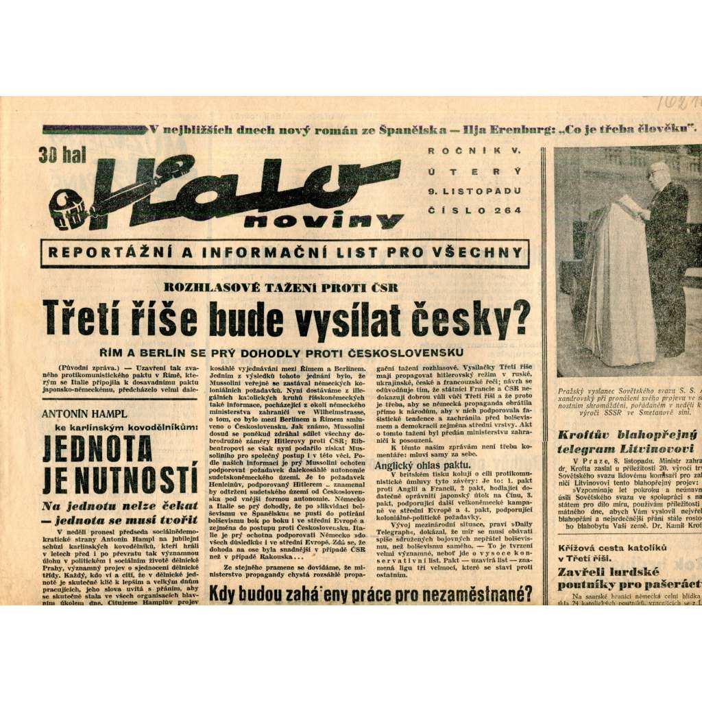 Halo noviny, ročník V., číslo 264/1937. Reportážní a informační list pro všechny (pošk.) Halo noviny, ročník V., číslo 264/1937. Reportážní a informační list pro všechny (pošk.)