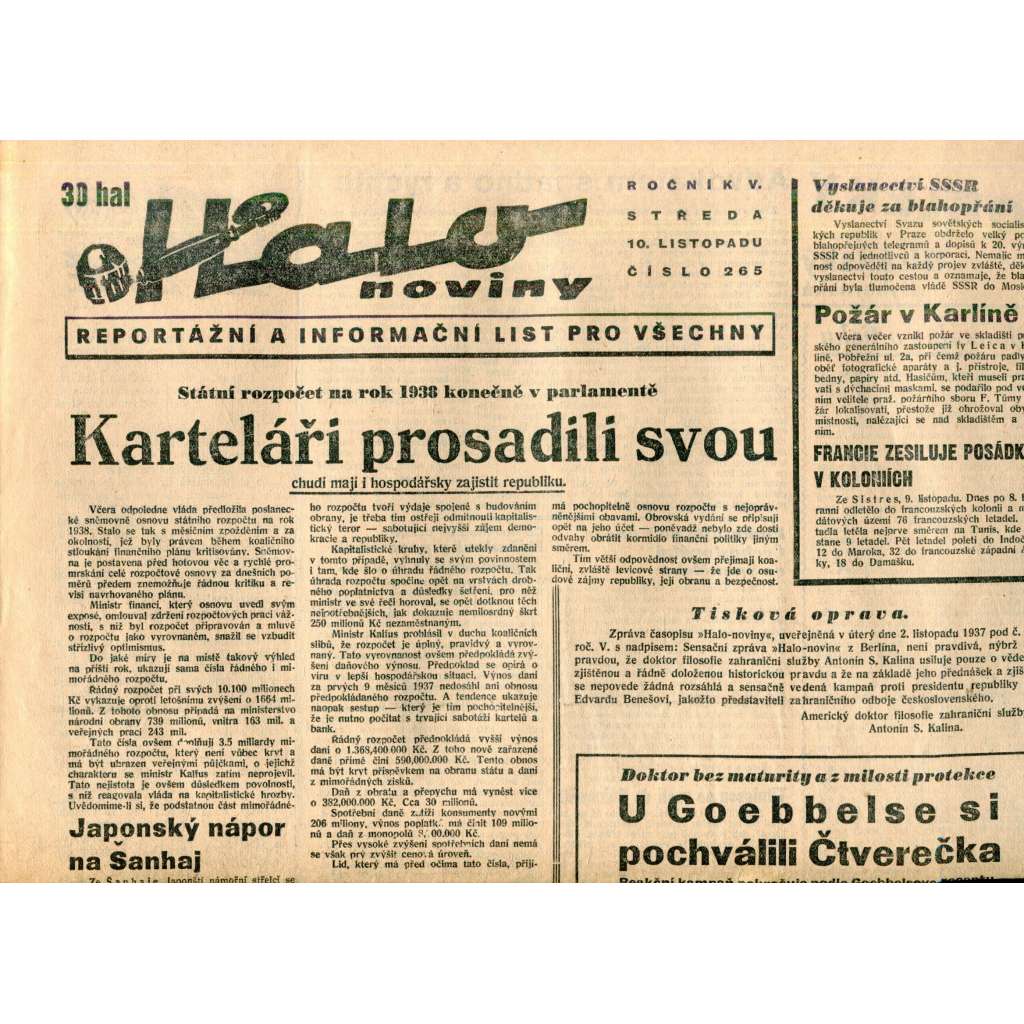 Halo noviny, ročník V., číslo 265/1937. Reportážní a informační list pro všechny Halo noviny, ročník V., číslo 265/1937. Reportážní a informační list pro všechny