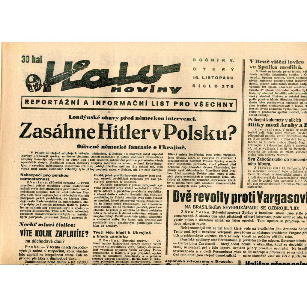Halo noviny, ročník V., číslo 270/1937. Reportážní a informační list pro všechny Halo noviny, ročník V., číslo 270/1937. Reportážní a informační list pro všechny