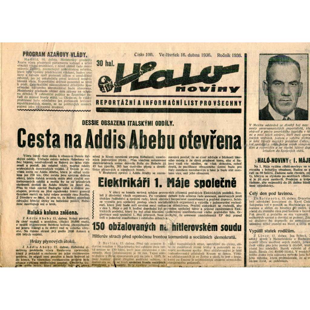 Halo noviny, číslo 100/1936. Reportážní a informační list pro všechny (pošk.)