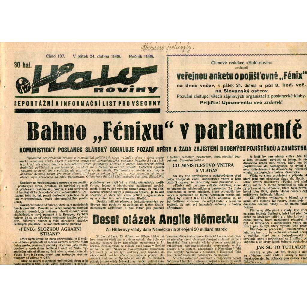 Halo noviny, číslo 107/1936. Reportážní a informační list pro všechny
