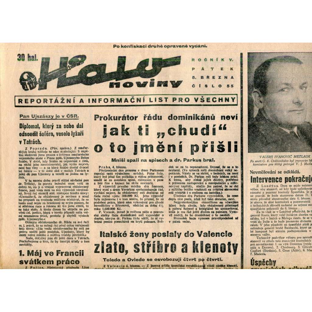 Halo noviny, ročník V., číslo 55/1937. Reportážní a informační list pro všechny