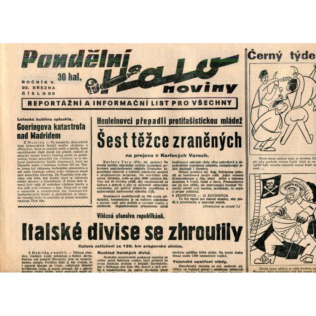 Pondělní Halo noviny, ročník V., číslo 69/1937. Reportážní a informační list pro všechny