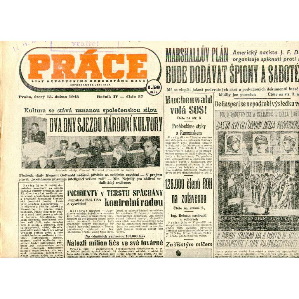 Práce. List revolučního odborového hnutí (13.4.1948) - staré noviny