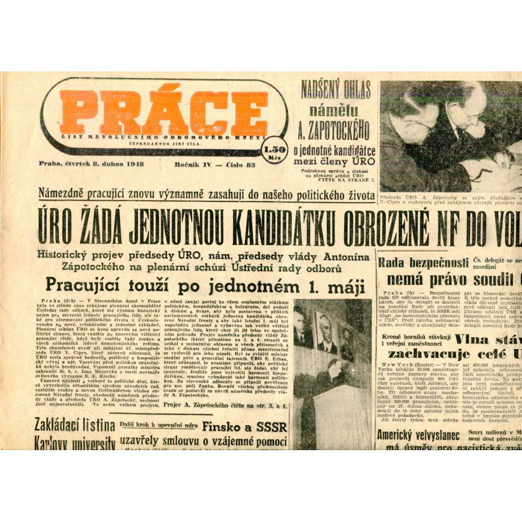 Práce. List revolučního odborového hnutí (8.4.1948) - staré noviny
