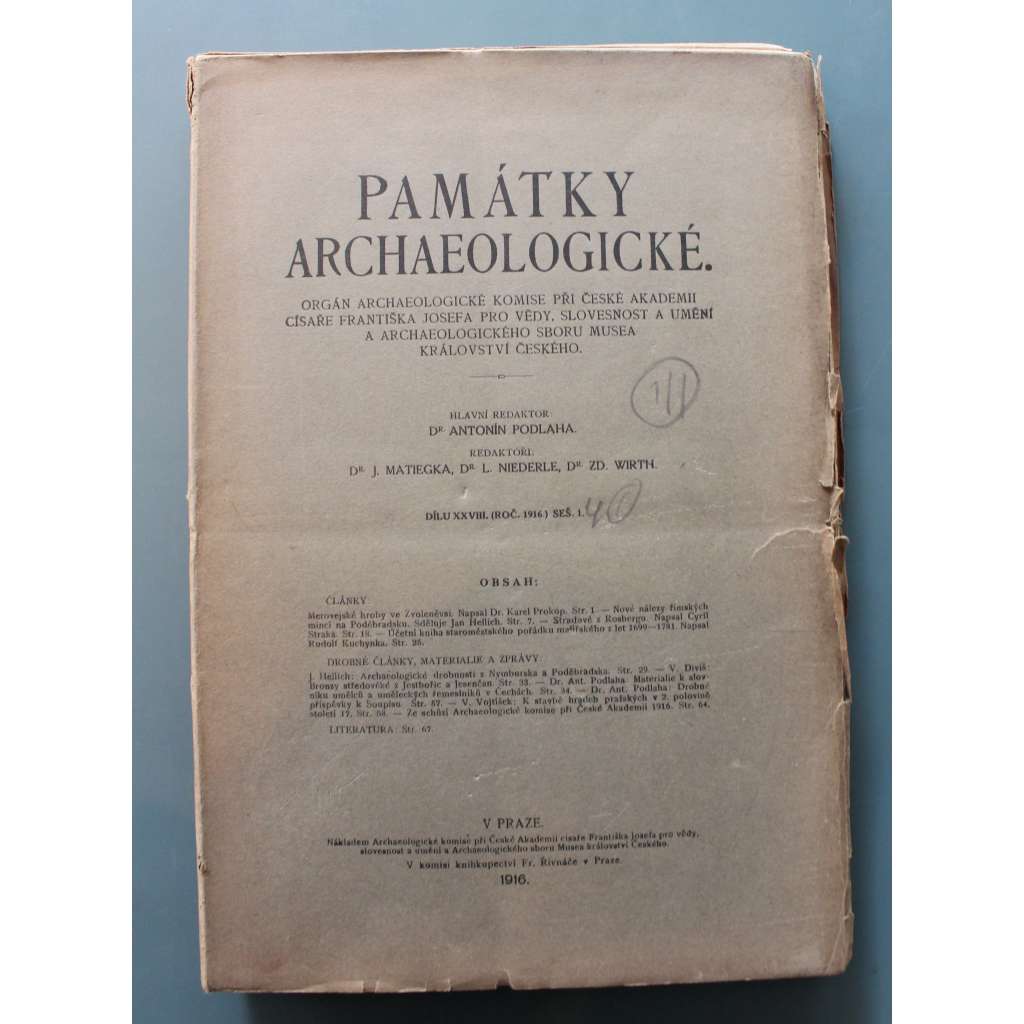 Památky archaeologické 1916 4 sešity (časopis, archeologie, mj. Merovejské hroby ve Zvoleněvsi; Nové nálezy římských mincí na Poděbradsku; Soupis nálezů antických mincí v Čechách; Mělník)