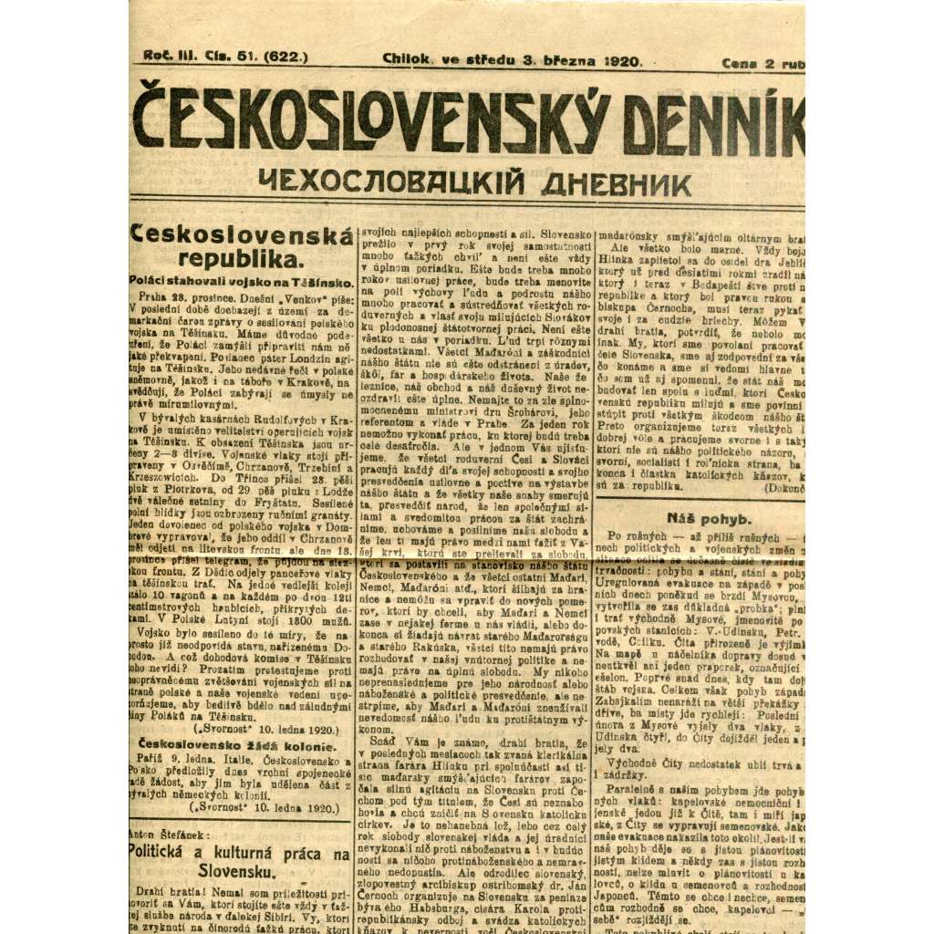 Československý denník roč. III, č. 51. Chilok, 1920 (LEGIE, RUSKO, LEGIONÁŘI) Československý denník roč. III, č. 51. Chilok, 1920 (LEGIE, RUSKO, LEGIONÁŘI)