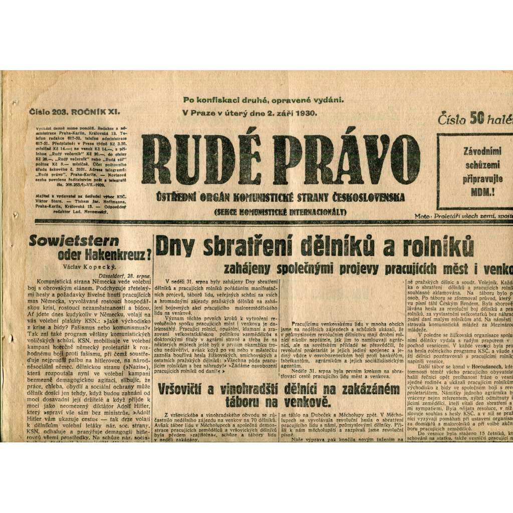 Rudé právo (2.9.1930) - staré noviny, 1. republika