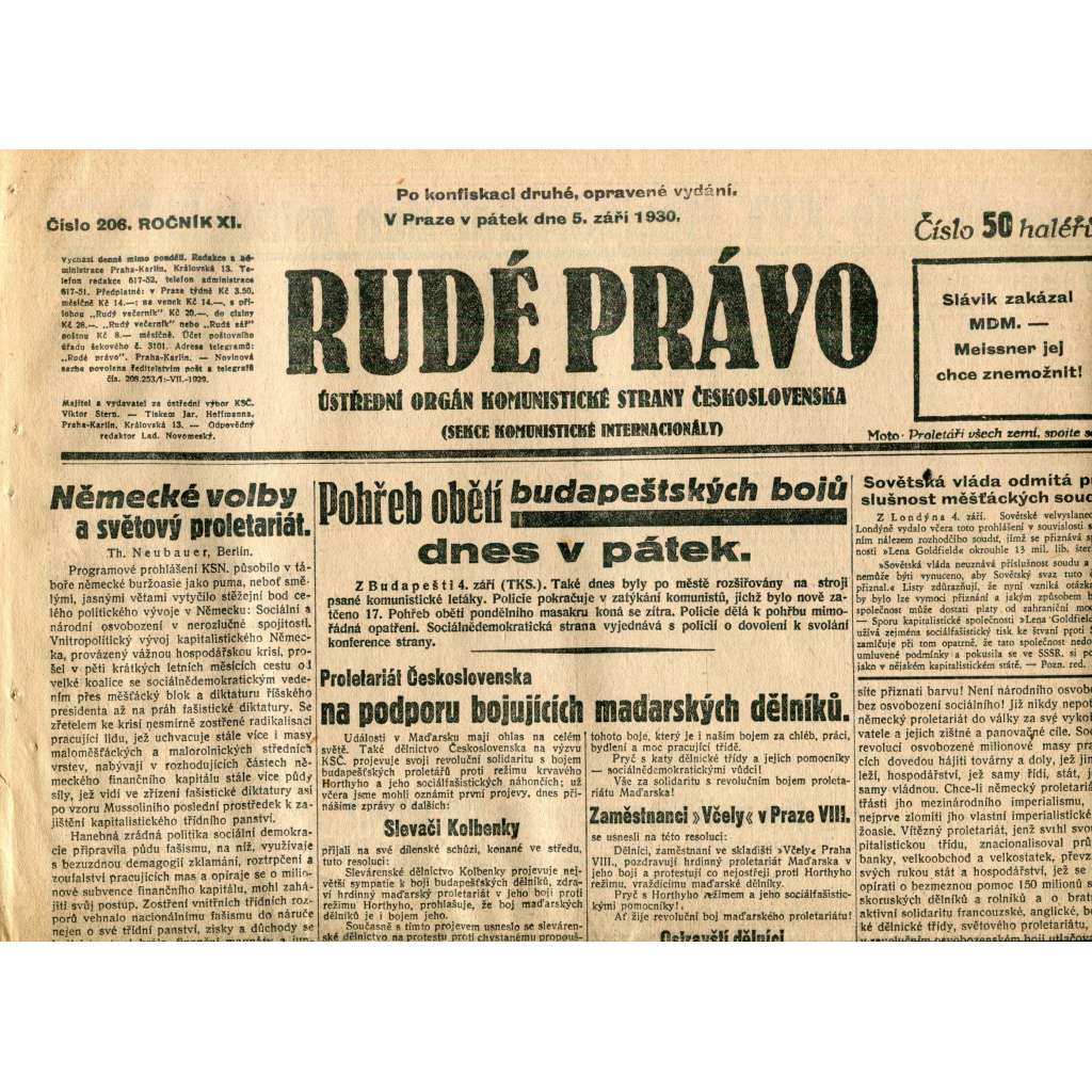 Rudé právo (5.9.1930) - staré noviny, 1. republika Rudé právo (5.9.1930) - staré noviny, 1. republika