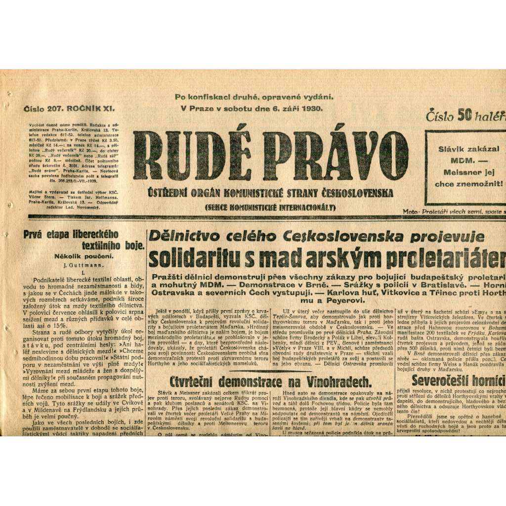 Rudé právo (6.9.1930) - staré noviny, 1. republika Rudé právo (6.9.1930) - staré noviny, 1. republika