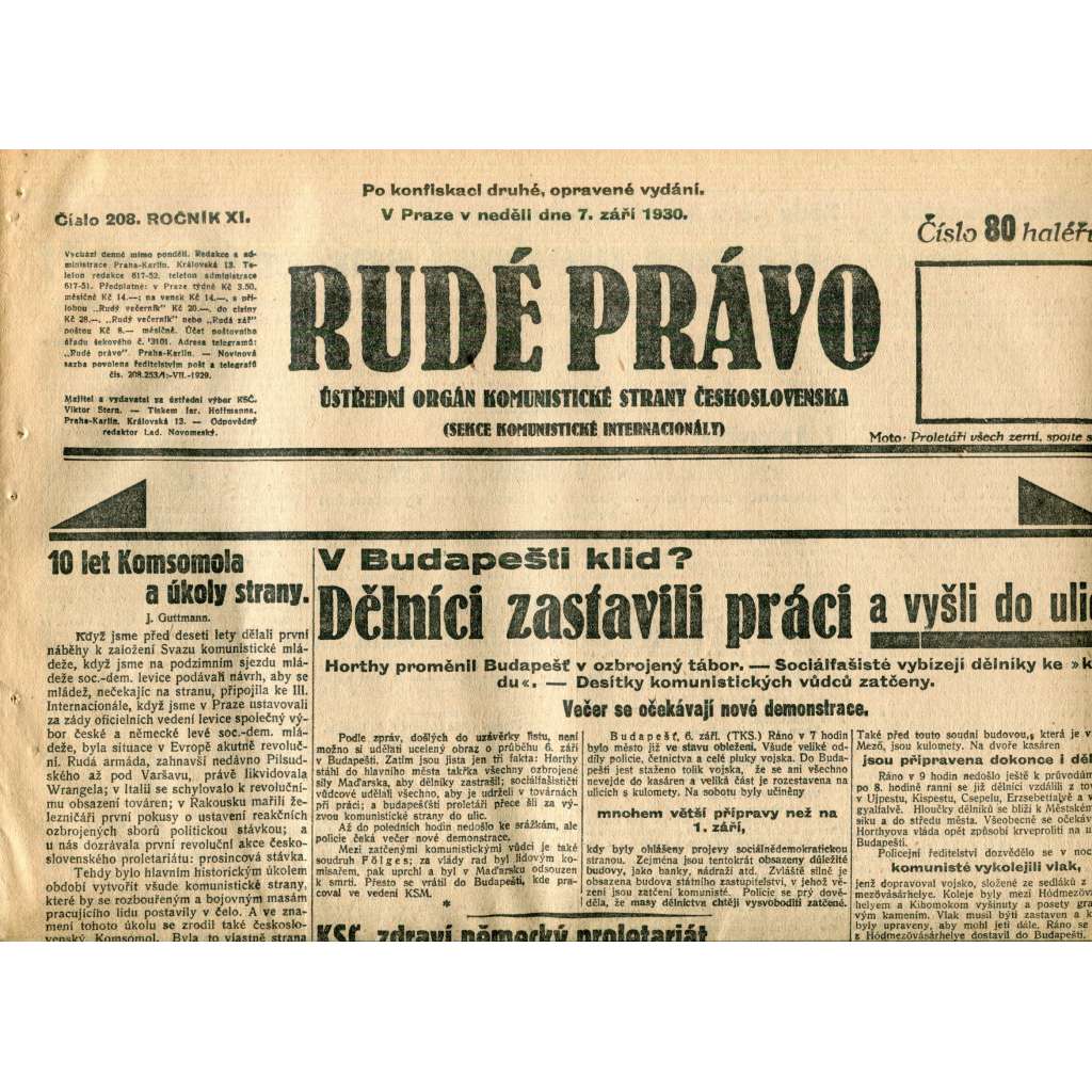 Rudé právo (7.9.1930) - staré noviny, 1. republika Rudé právo (7.9.1930) - staré noviny, 1. republika
