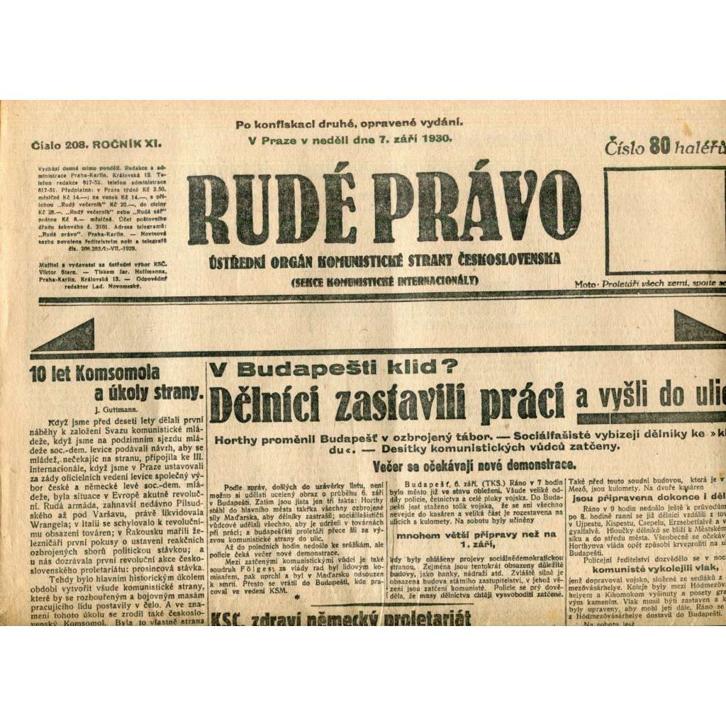 Rudé právo (7.9.1930) - staré noviny, 1. republika Rudé právo (7.9.1930) - staré noviny, 1. republika